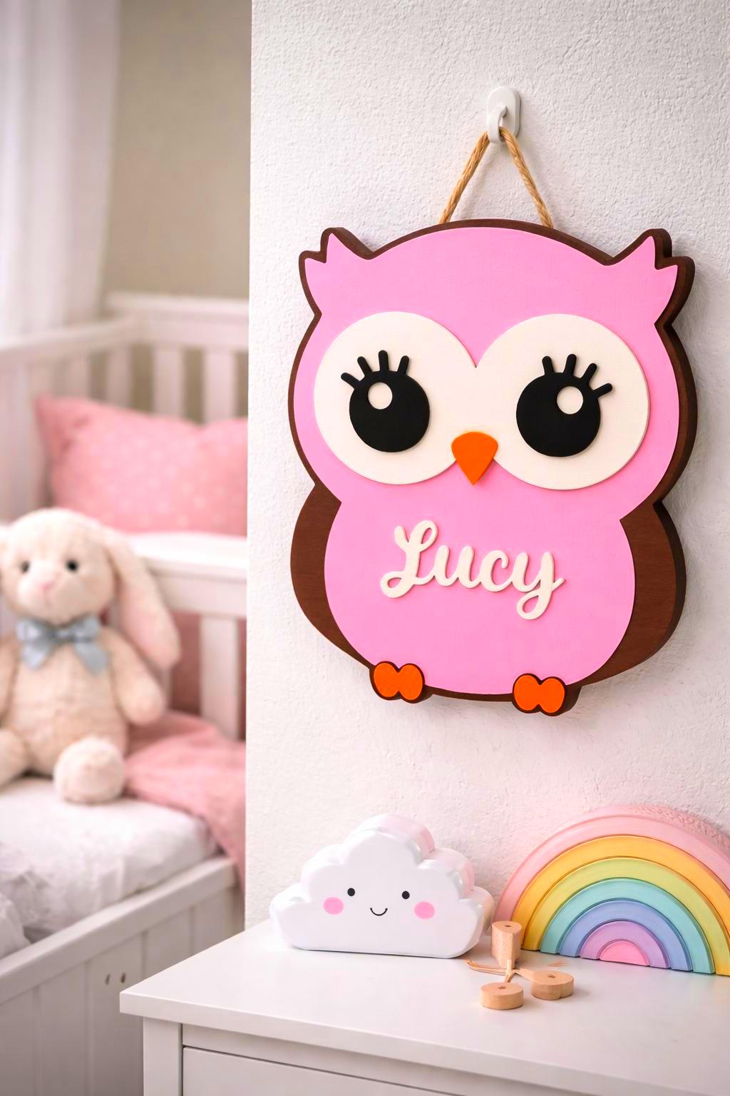 Personalized Owl Name Sign for Nursery, Custom Wooden Decor, Unique Baby & Kids Wall Owl