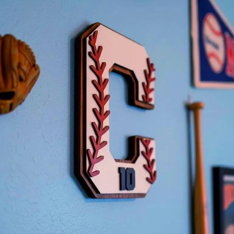Personalized Baseball Letter Sign with Custom Number • Wooden Sports Wall Hanging • Baseball Room Decor