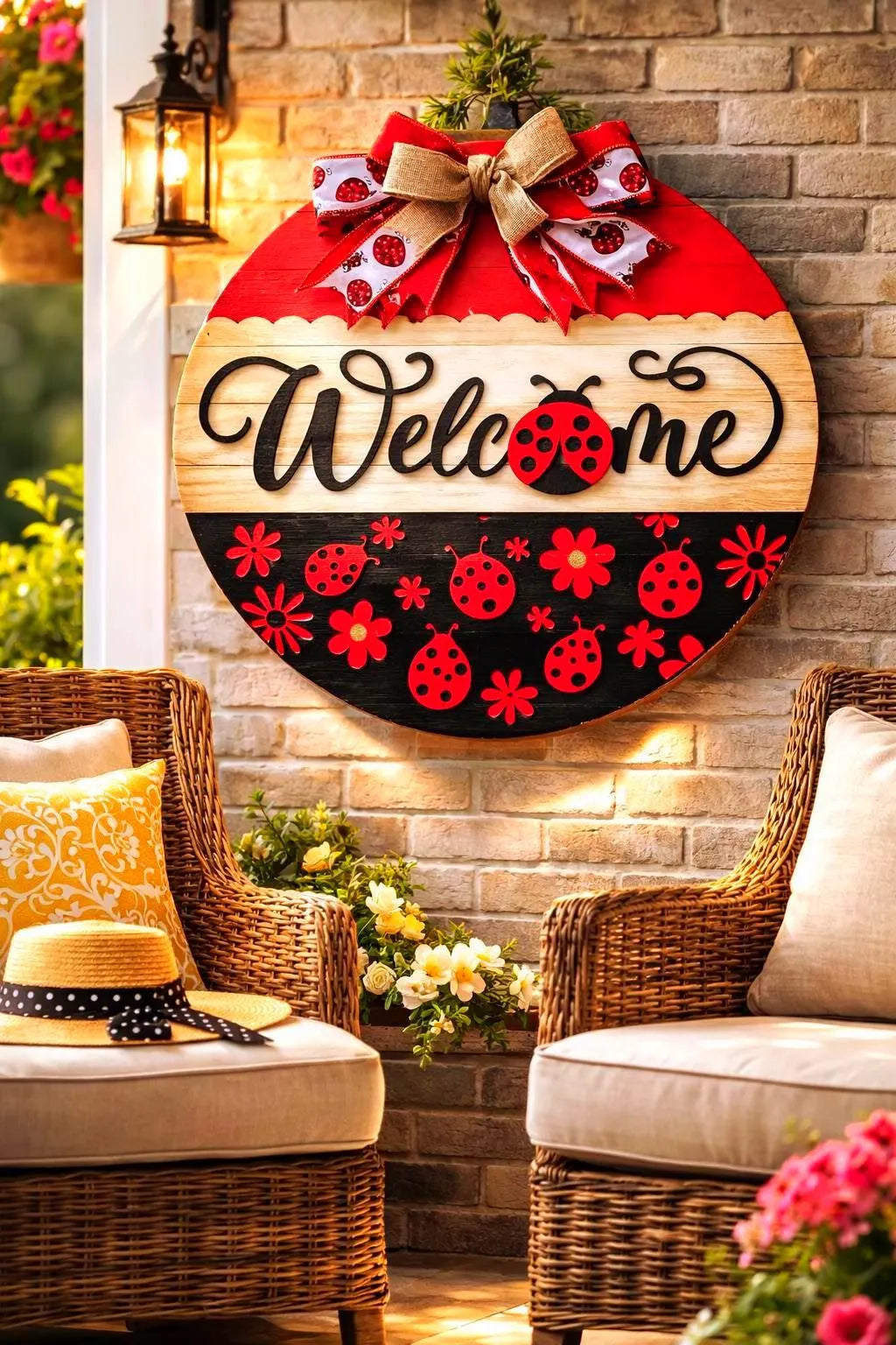 Ladybug Welcome Sign | Spring Door Hanger | Handmade Spring & Summer Decor Handmade Wood Door Hanger