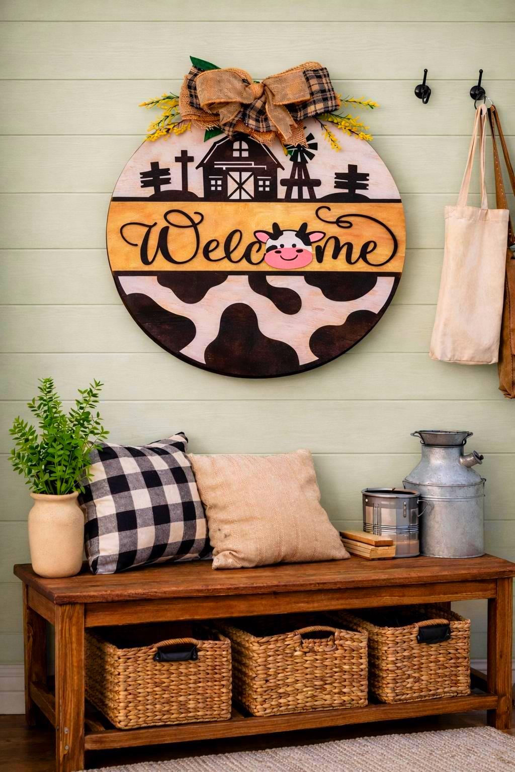 Farmhouse Cow Welcome Sign – Round Wooden Door Hanger with Bow – Country Porch Decor