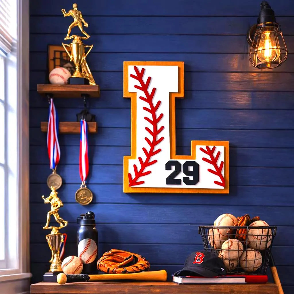 Personalized Baseball Letter Sign with Custom Number • Wooden Sports Wall Hanging • Baseball Room Decor