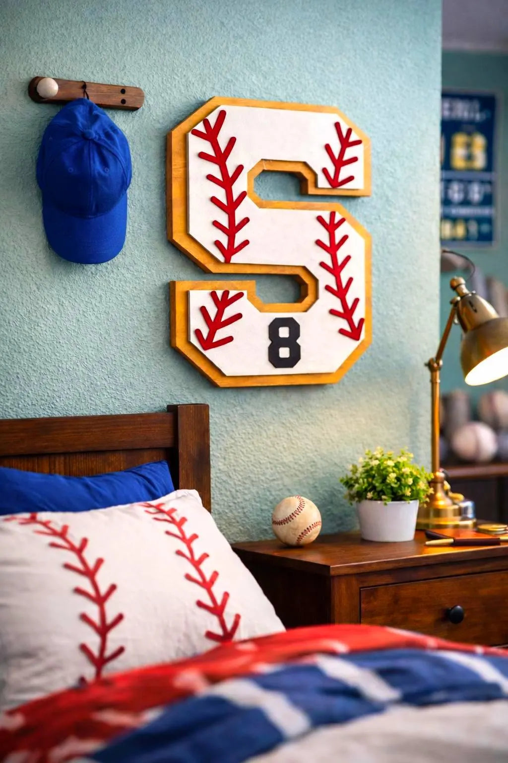 Personalized Baseball Letter Sign with Custom Number • Wooden Sports Wall Hanging • Baseball Room Decor