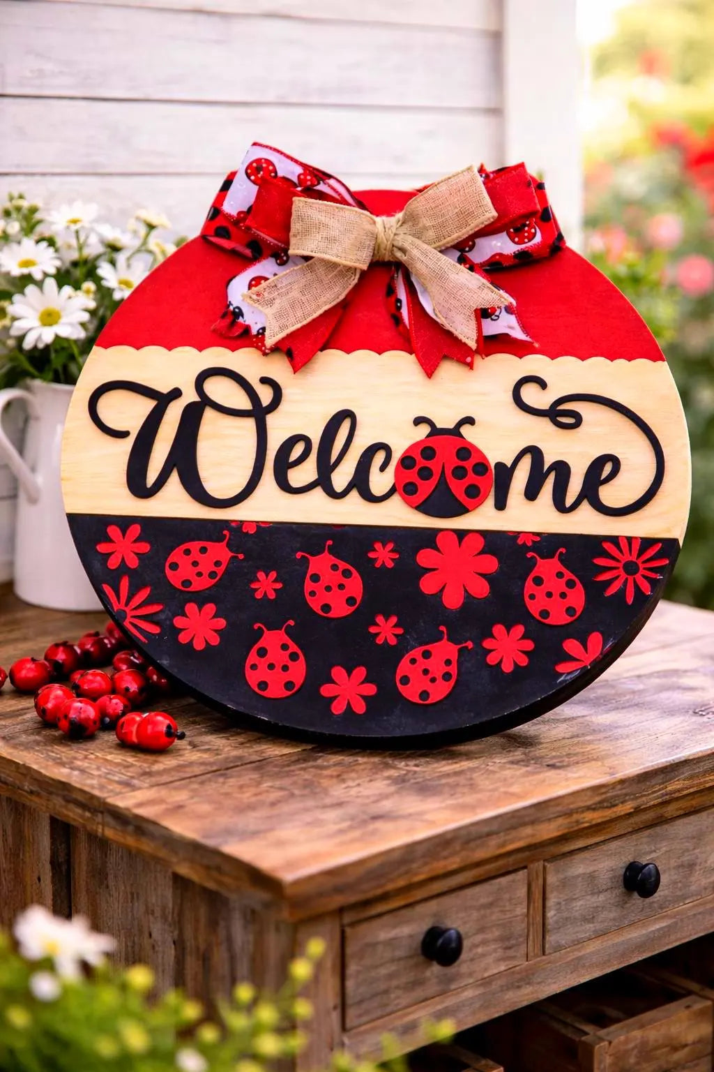Ladybug Welcome Sign | Spring Door Hanger | Handmade Spring & Summer Decor Handmade Wood Door Hanger