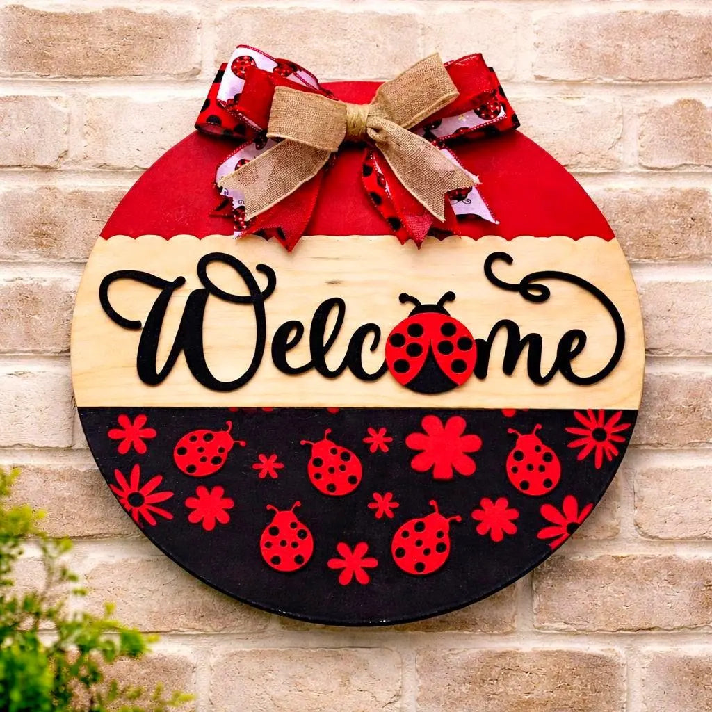 Ladybug Welcome Sign | Spring Door Hanger | Handmade Spring & Summer Decor Handmade Wood Door Hanger