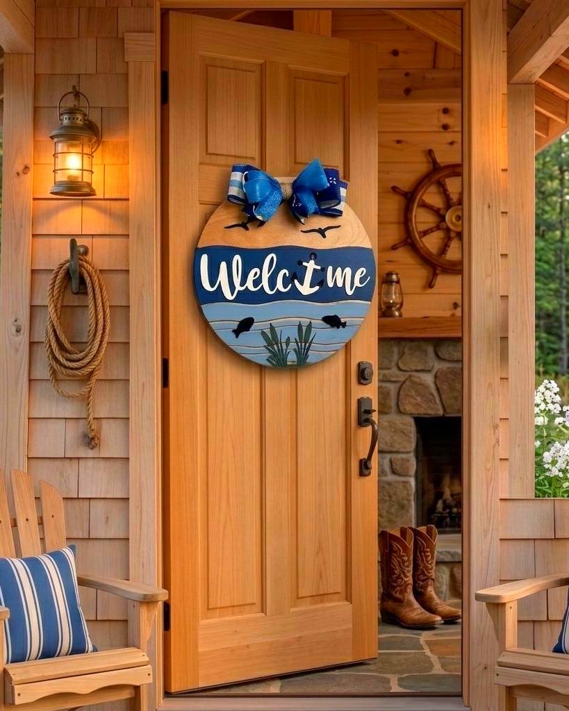 Coastal Welcome Sign | Nautical Wooden Door Hanger | Beach Lake Ocean Waterfront House Decor