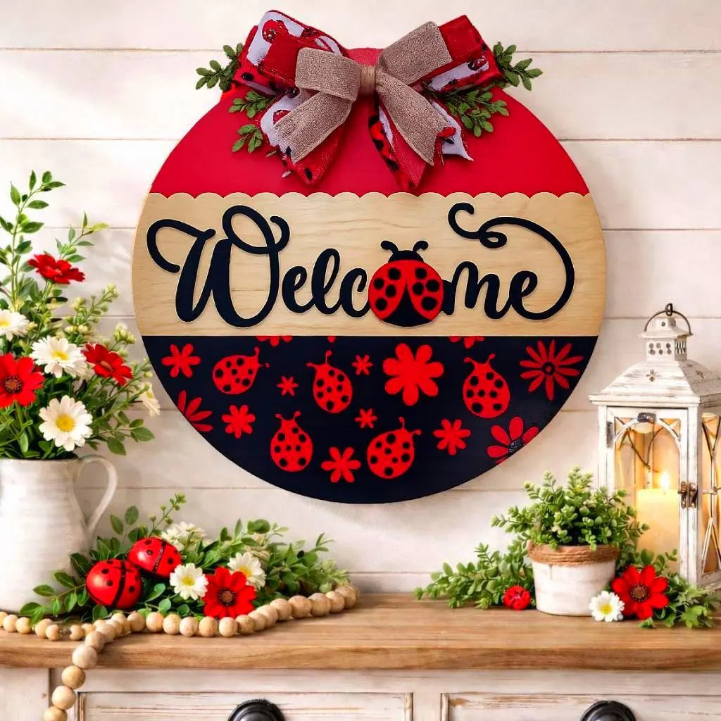 Ladybug Welcome Sign | Spring Door Hanger | Handmade Spring & Summer Decor Handmade Wood Door Hanger