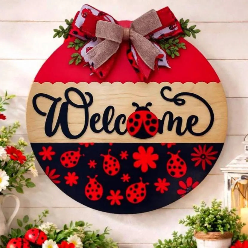 Ladybug Welcome Sign | Spring Door Hanger | Handmade Spring & Summer Decor Handmade Wood Door Hanger