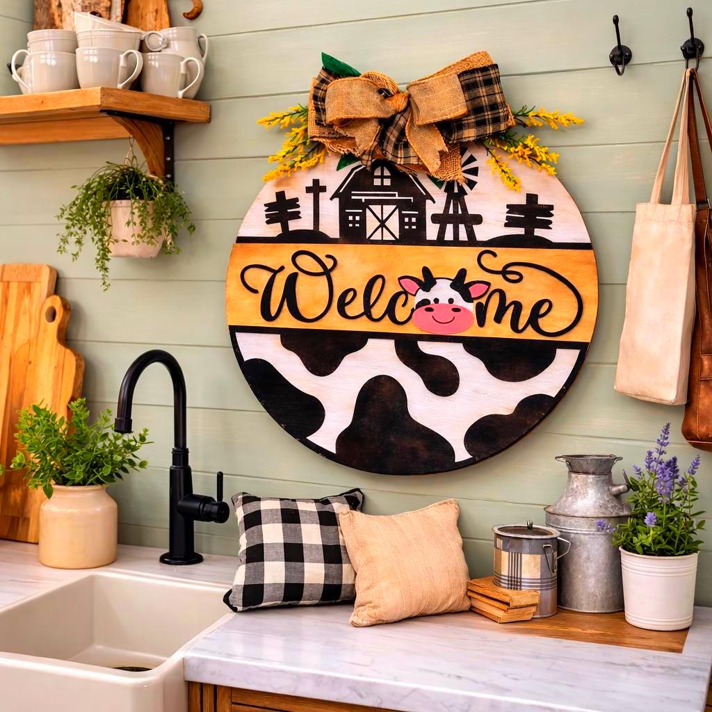 Farmhouse Cow Welcome Sign – Round Wooden Door Hanger with Bow – Country Porch Decor