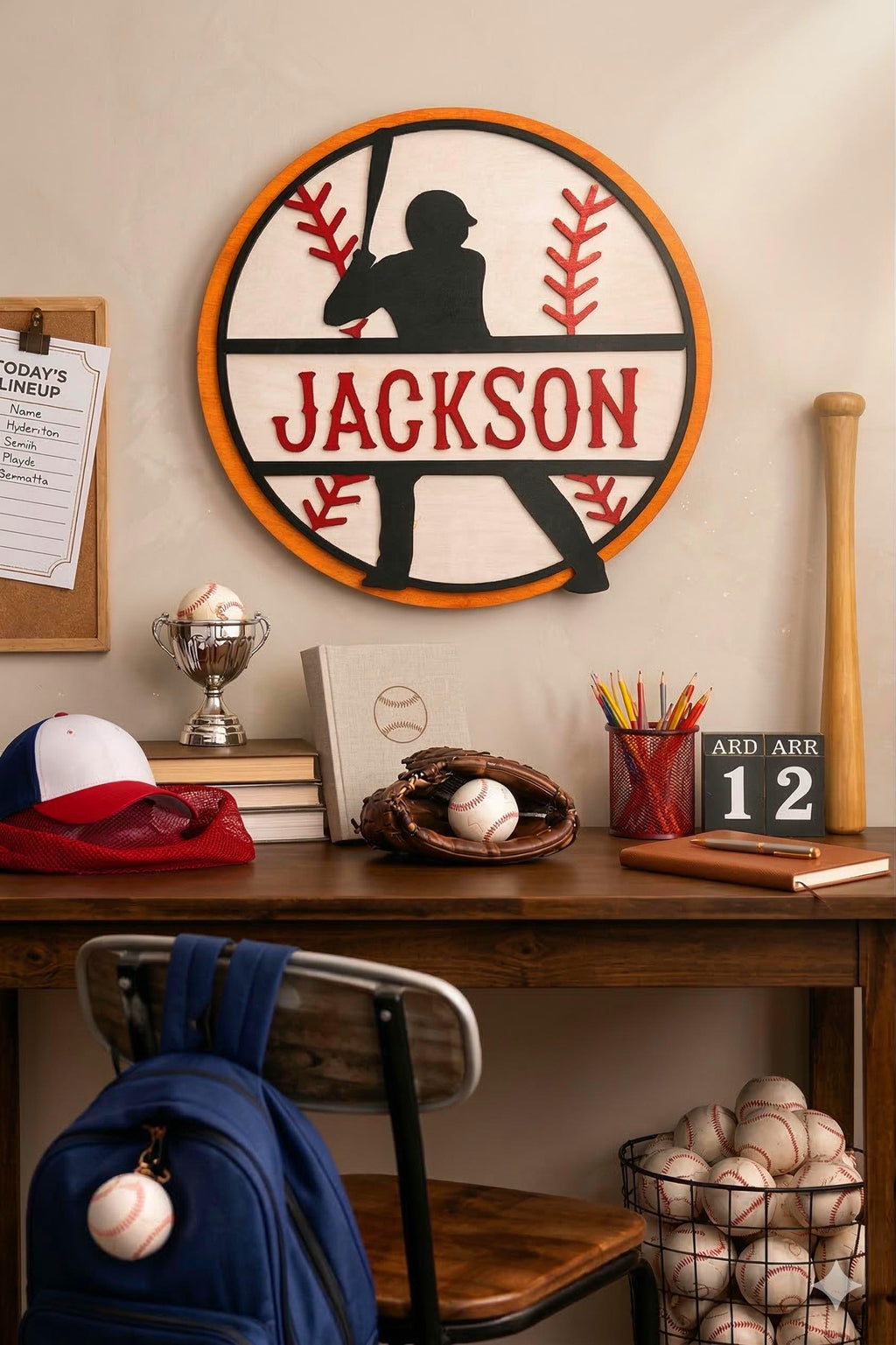 Personalized Baseball Name Sign – Layered Wood Player Silhouette, Sports Decor Handmade 3D Wood Sign