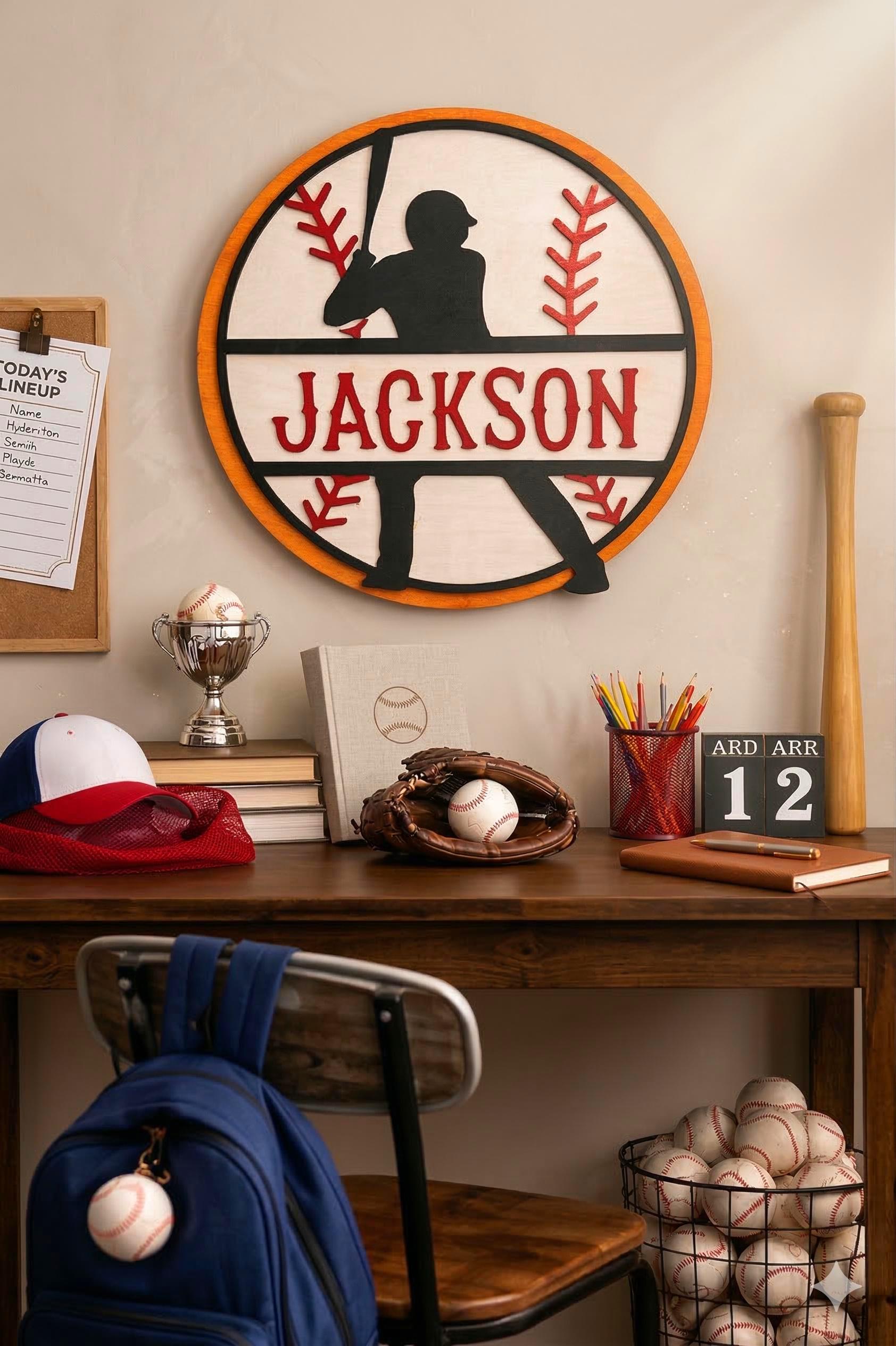 Personalized Baseball Name Sign – Layered Wood Player Silhouette, Sports Decor Handmade 3D Wood Sign
