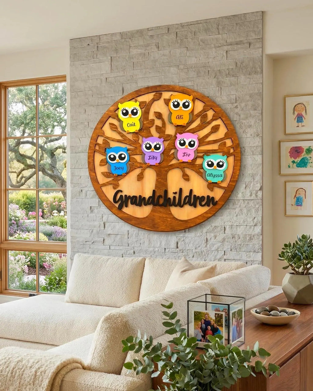 Personalized Grandchildren/Family Owl Tree Sign: Custom Wood Tree, Grandma Gift Handmade 3D Wood Sign