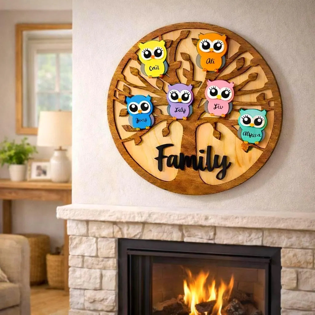 Personalized Grandchildren/Family Owl Tree Sign: Custom Wood Tree, Grandma Gift Handmade 3D Wood Sign