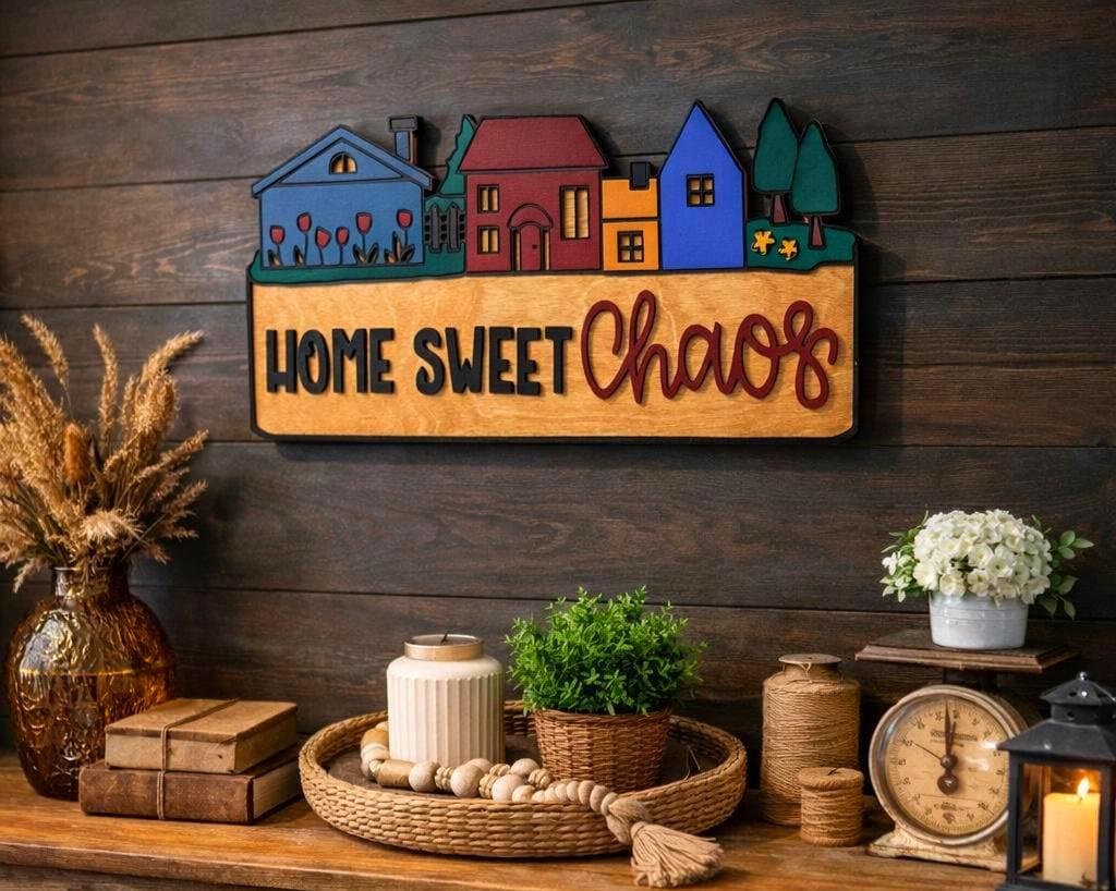 Home Sweet Chaos Sign • Handmade Layered Wood House Scene Decor • Colorful Family Home Gift Handmade 3D Wood Sign