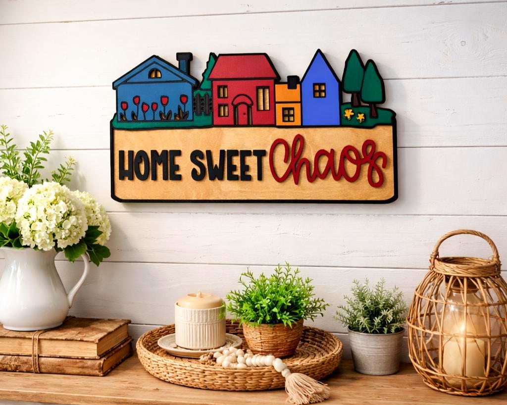 Home Sweet Chaos Sign • Handmade Layered Wood House Scene Decor • Colorful Family Home Gift Handmade 3D Wood Sign