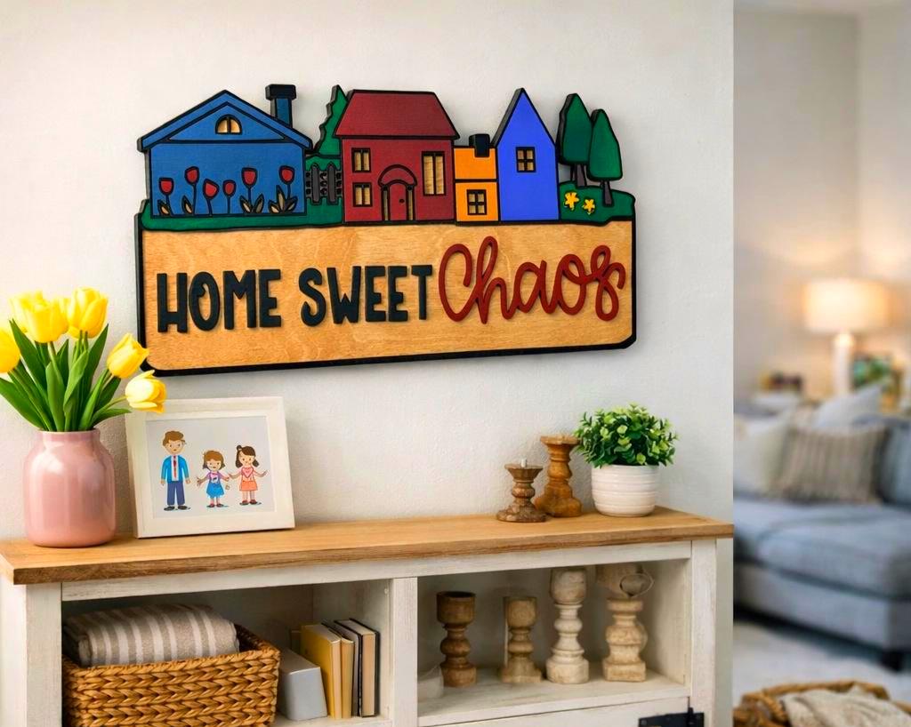 Home Sweet Chaos Sign • Handmade Layered Wood House Scene Decor • Colorful Family Home Gift Handmade 3D Wood Sign