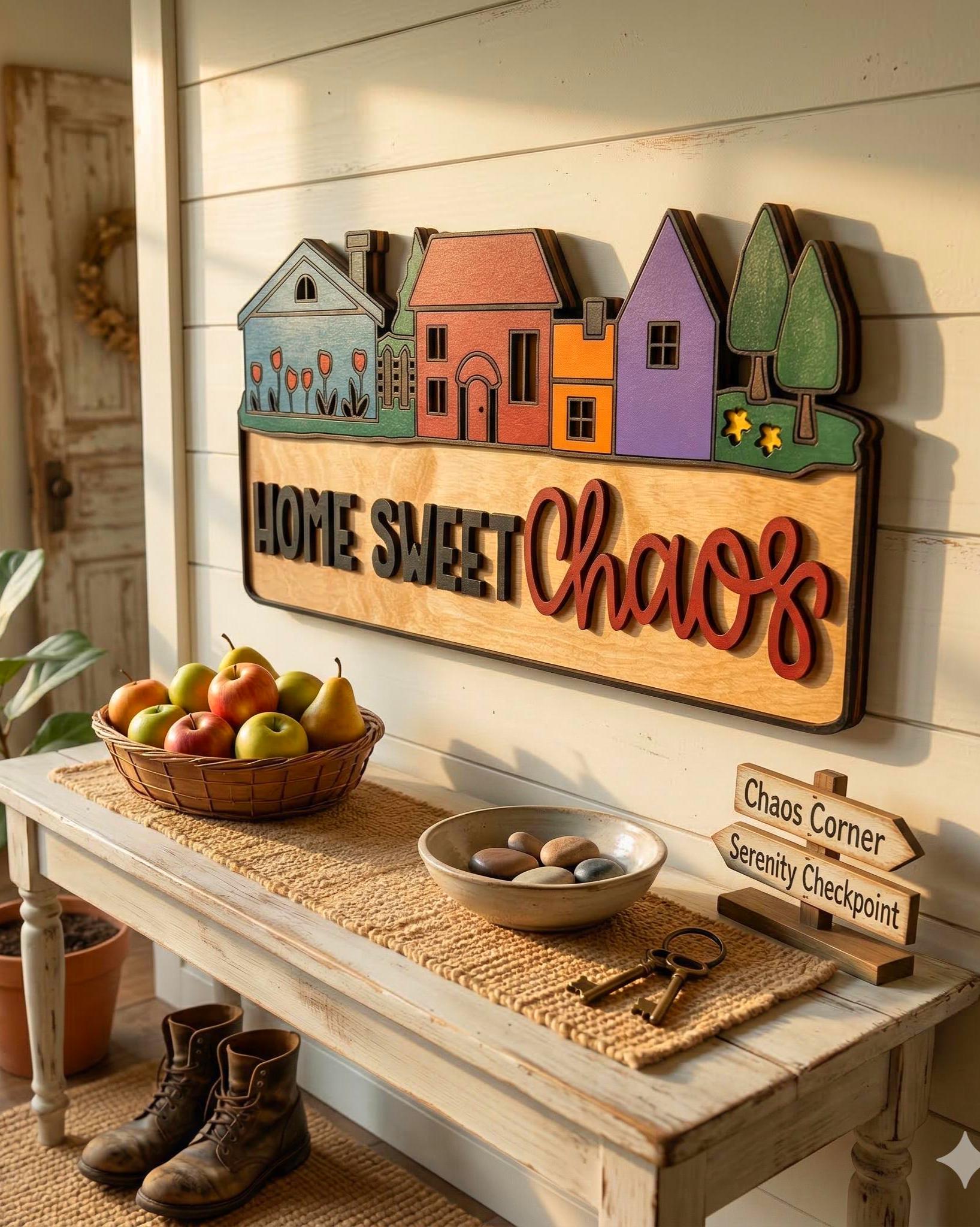 Home Sweet Chaos Sign • Handmade Layered Wood House Scene Decor • Colorful Family Home Gift Handmade 3D Wood Sign