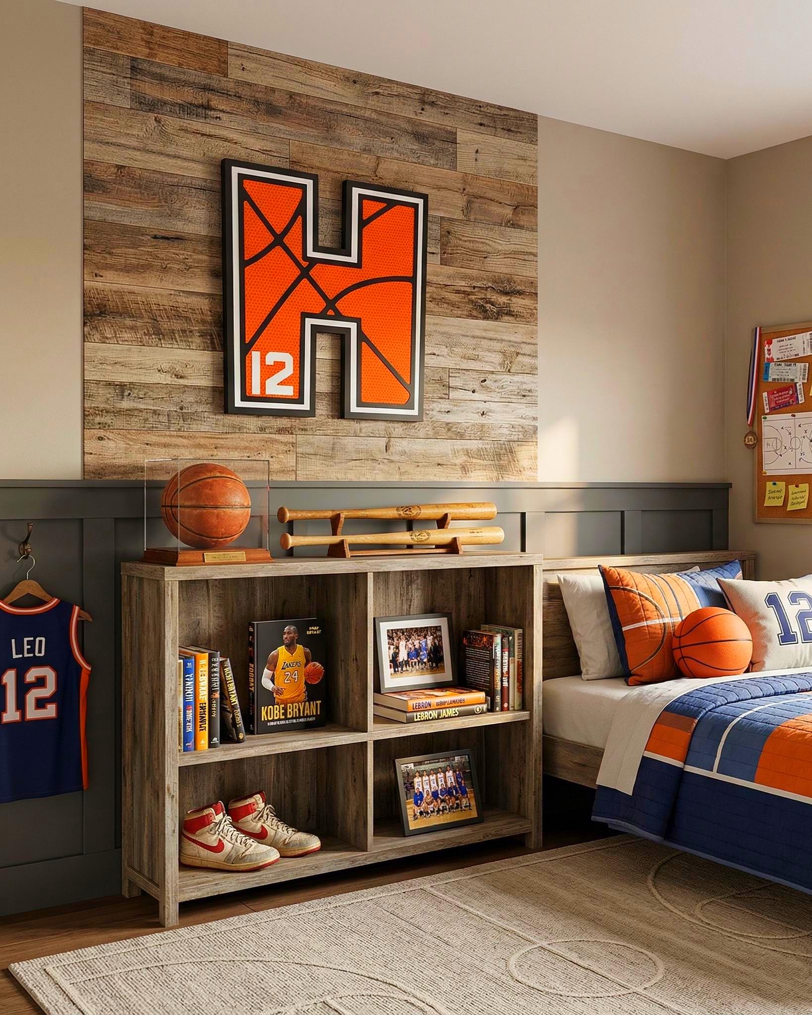 Personalized Basketball Letter Sign: Custom Jersey Letter & Number, Multiple Layer Wood Handmade 3D Wood Sign