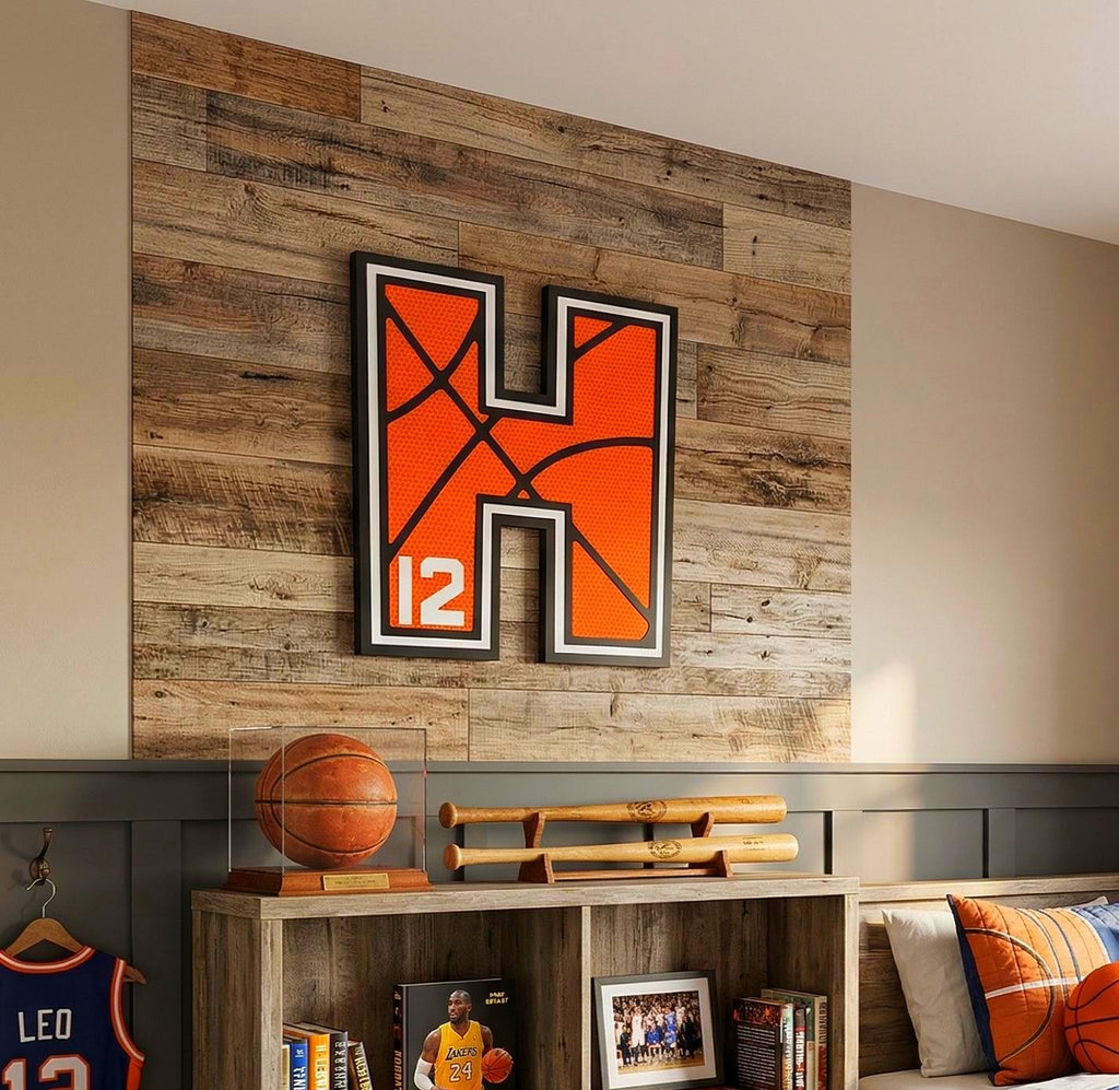 Personalized Basketball Letter Sign: Custom Jersey Letter & Number, Multiple Layer Wood Handmade 3D Wood Sign