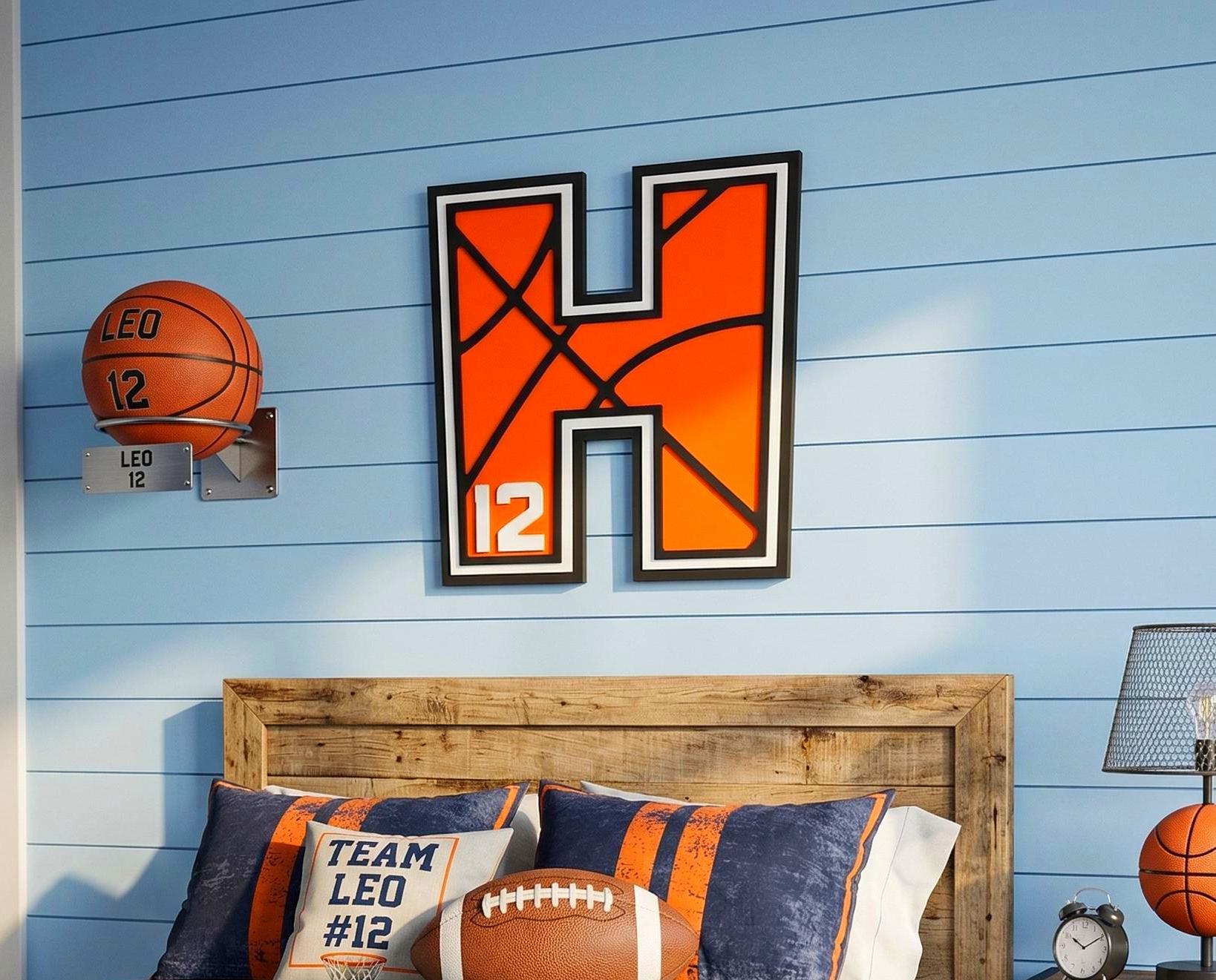 Personalized Basketball Letter Sign: Custom Jersey Letter & Number, Multiple Layer Wood Handmade 3D Wood Sign