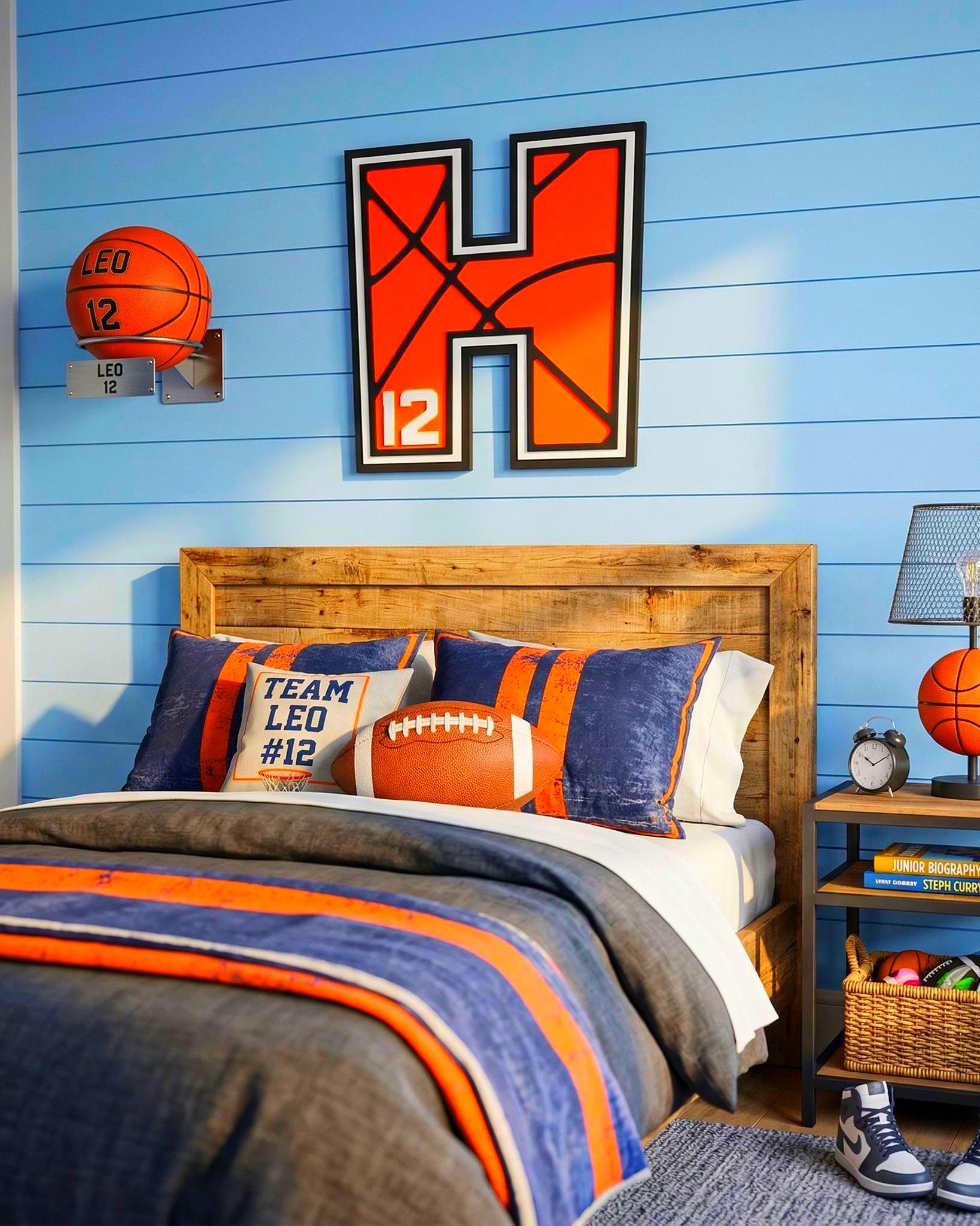 Personalized Basketball Letter Sign: Custom Jersey Letter & Number, Multiple Layer Wood Handmade 3D Wood Sign