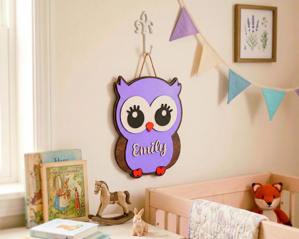 Personalized Owl Name Sign for Nursery, Custom Wooden Decor, Unique Baby & Kids Wall Owl