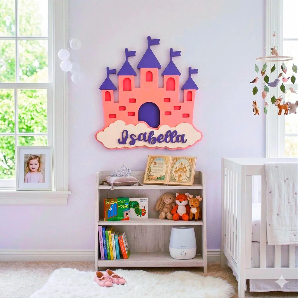 Personalized Princess Castle Sign – Custom Name Wood Wall Decor for Girls Room or Nursery