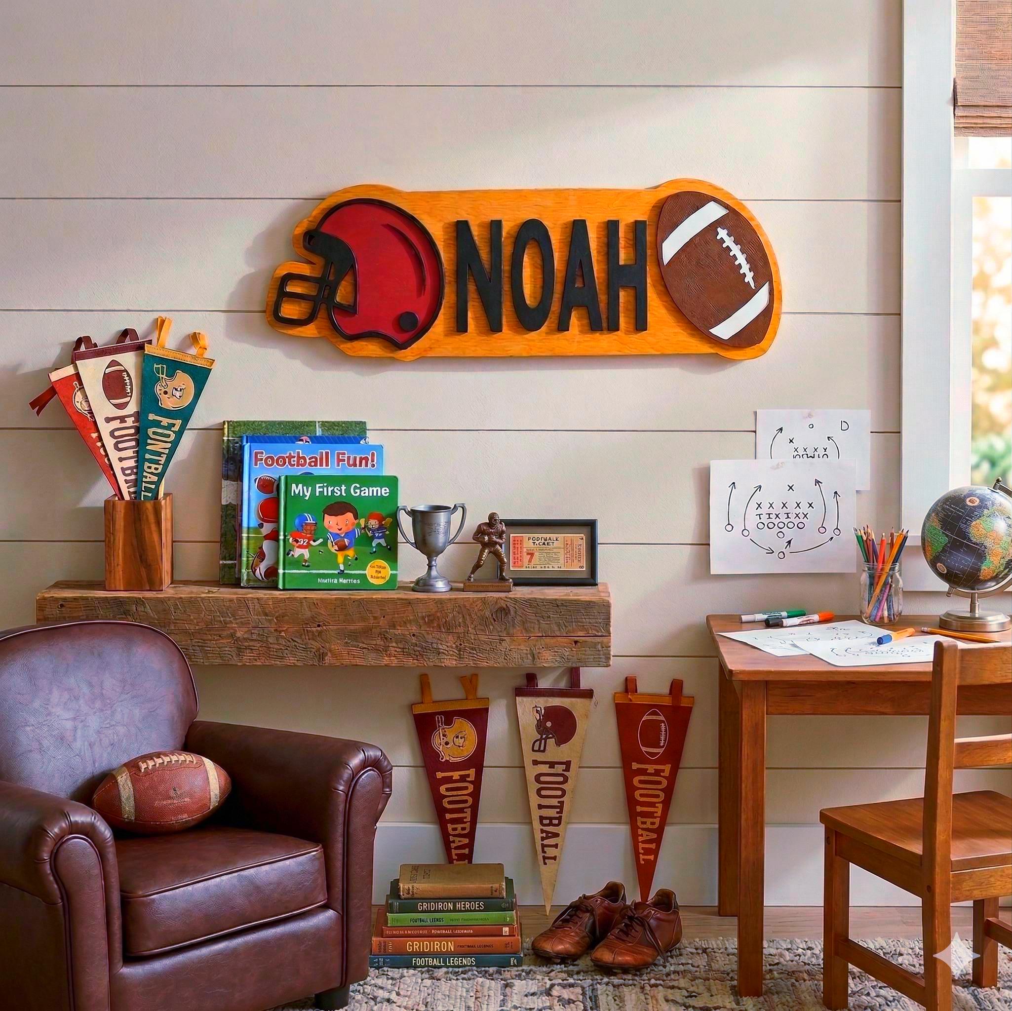 Personalized Football Name Sign – Custom Helmet & Ball Cutouts – Layered Wood Sports Room Wall Decor