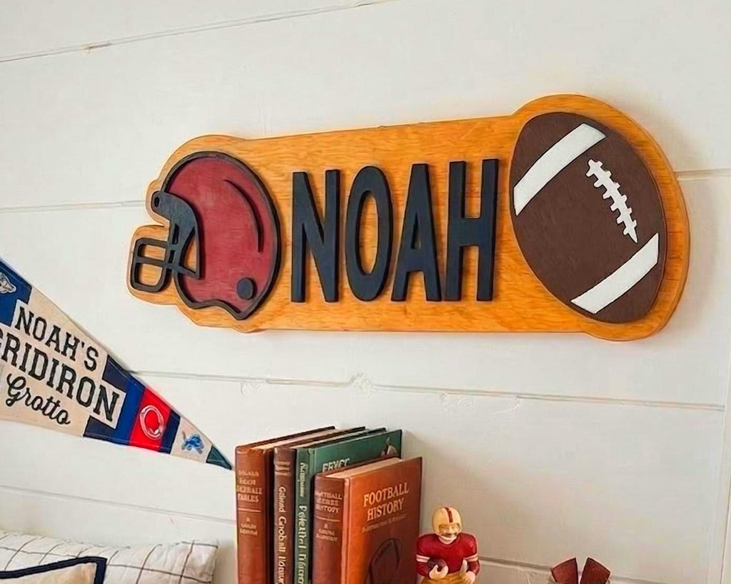 Personalized Football Name Sign – Custom Helmet & Ball Cutouts – Layered Wood Sports Room Wall Decor