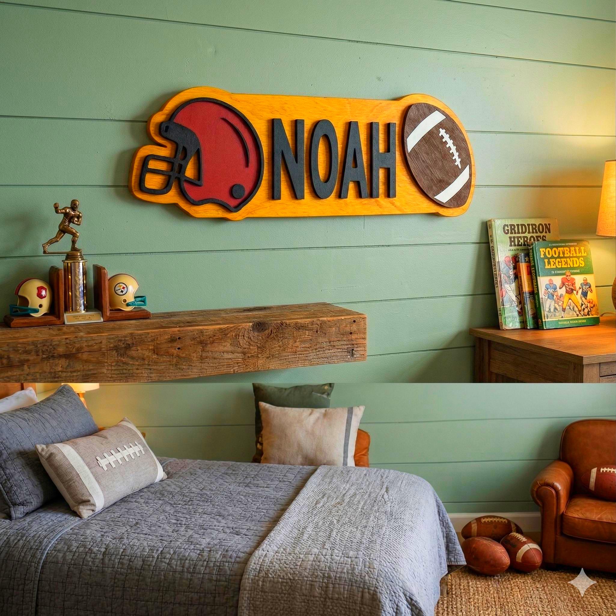 Personalized Football Name Sign – Custom Helmet & Ball Cutouts – Layered Wood Sports Room Wall Decor