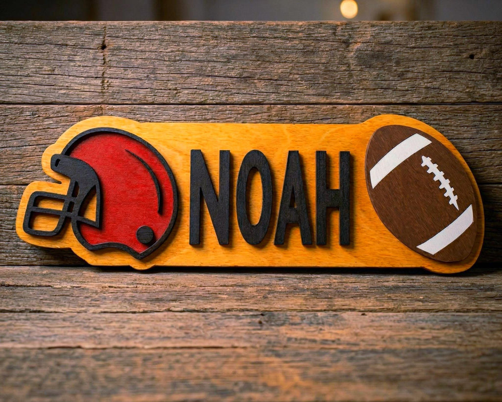 Personalized Football Name Sign – Custom Helmet & Ball Cutouts – Layered Wood Sports Room Wall Decor