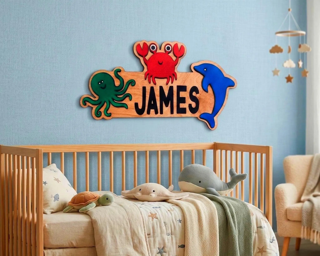 Ocean Animal Name Sign – Personalized Kids Wall Decor – Octopus, Crab & Dolphin Cutouts