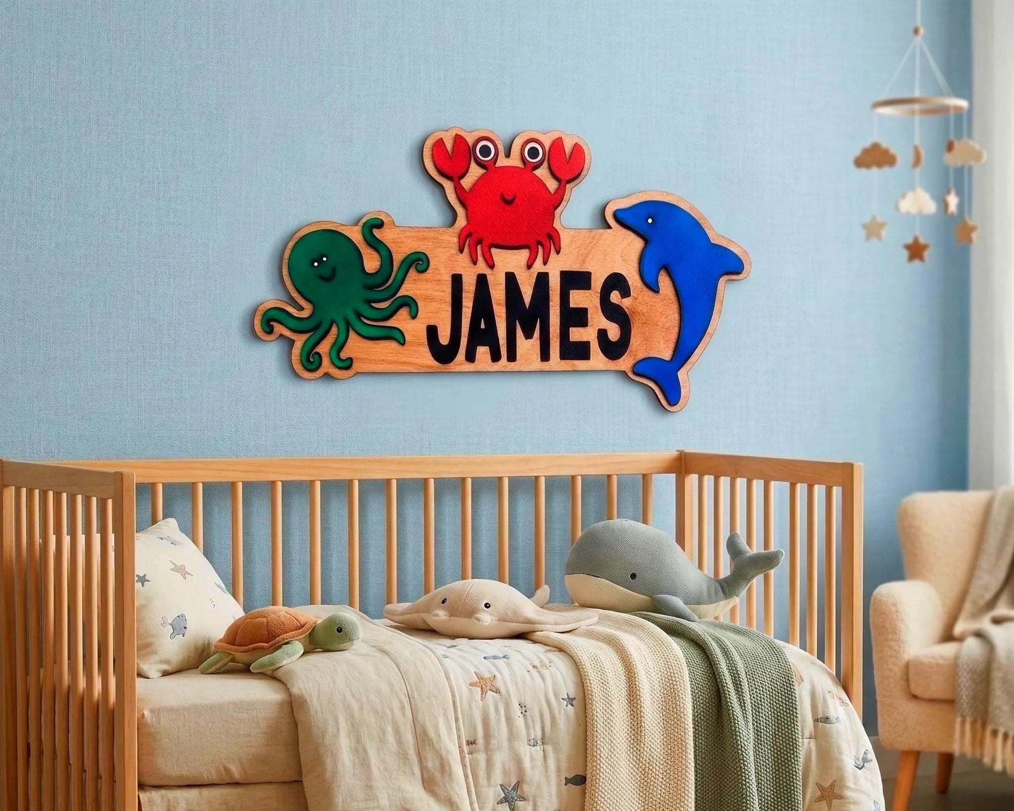 Ocean Animal Name Sign – Personalized Kids Wall Decor – Octopus, Crab & Dolphin Cutouts
