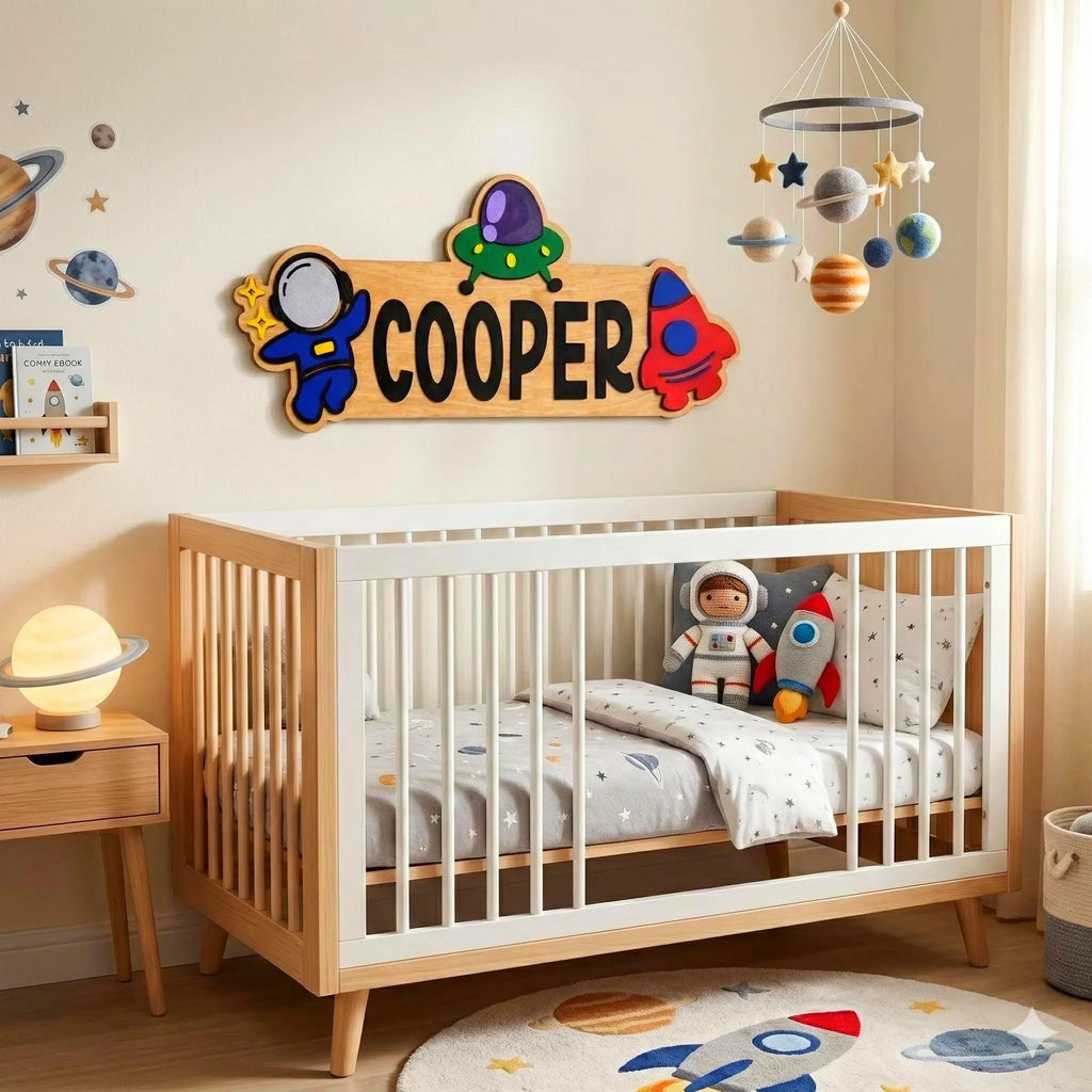 Space Themed Name Sign – Personalized Astronaut & Rocket Wall Decor – Layered Wood Kids Room Gift