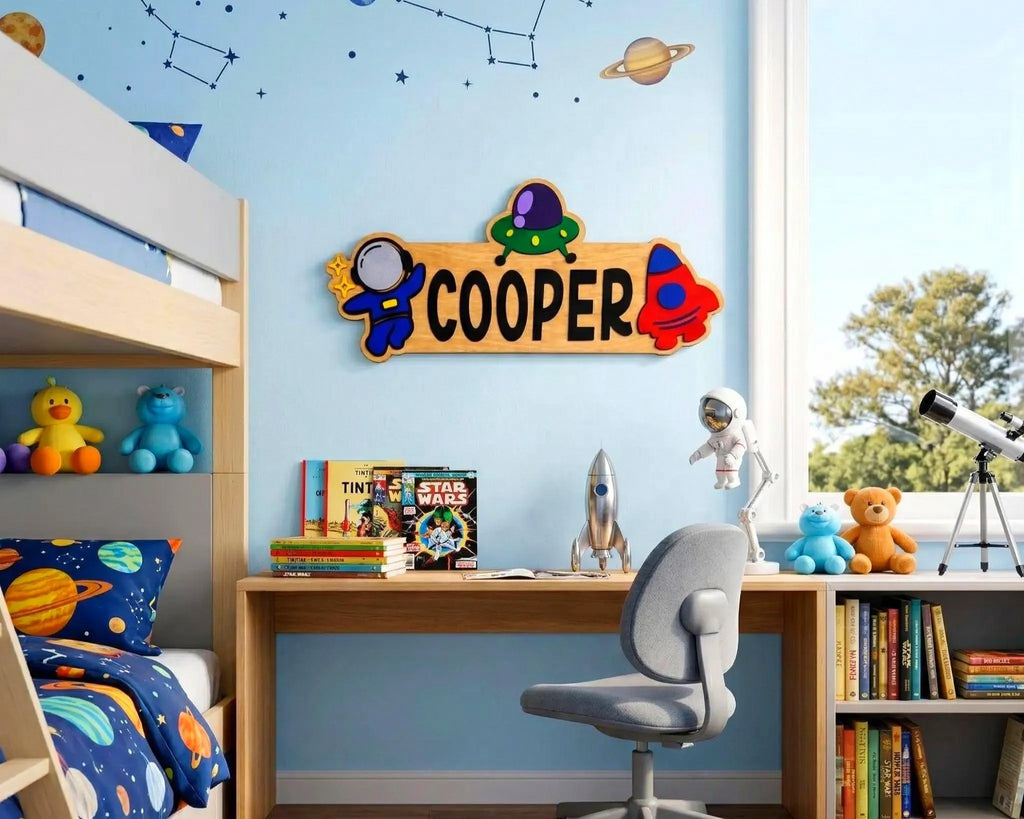 Space Themed Name Sign – Personalized Astronaut & Rocket Wall Decor – Layered Wood Kids Room Gift