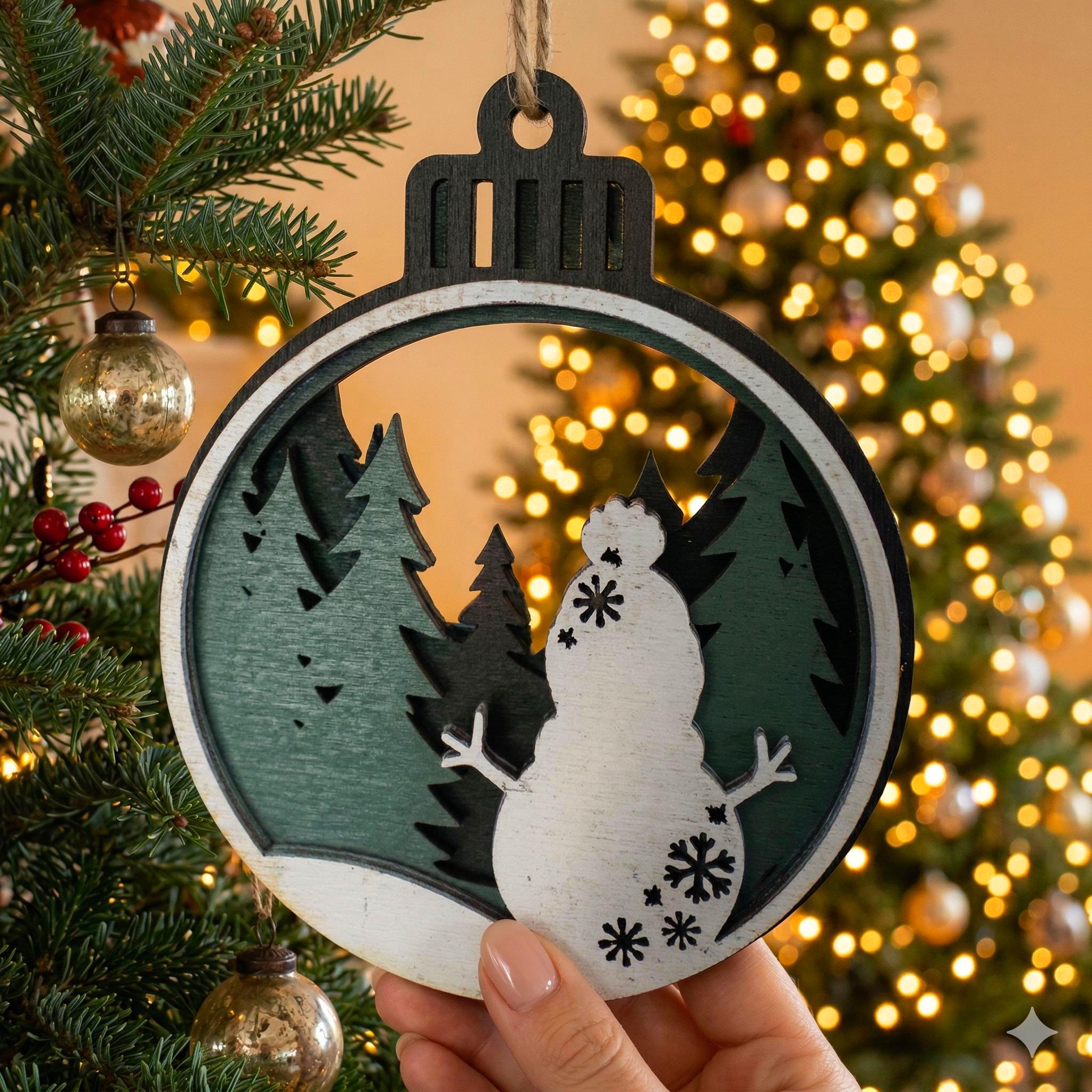 Layered Snowman Ornament – 4” Round Wooden Christmas Tree Scene – Multi Layer Holiday Decoration Handmade Seasonal Decor