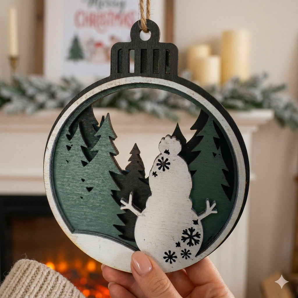 Layered Snowman Ornament – 4” Round Wooden Christmas Tree Scene – Multi Layer Holiday Decoration Handmade Seasonal Decor