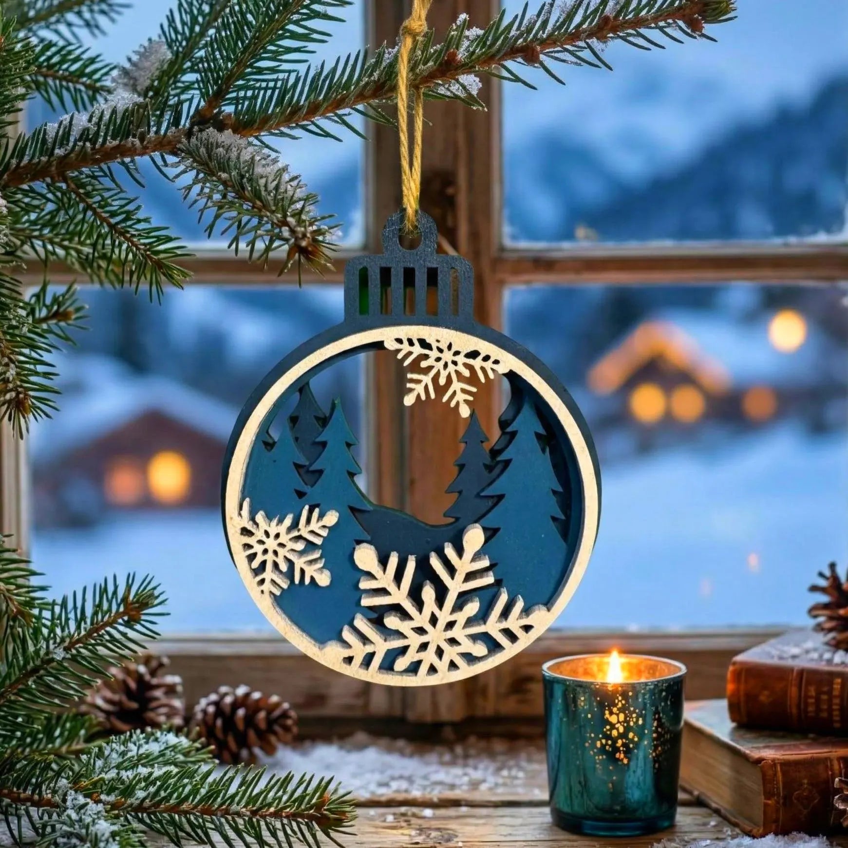 Wooden Christmas Snowflake Ornament – 4" Round Multi-Layer Design – Blue and White Holiday Decoration Handmade Seasonal Decor