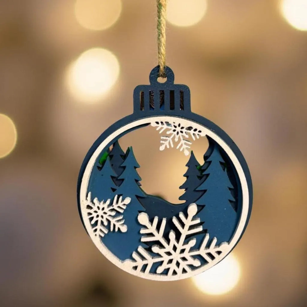 Wooden Christmas Snowflake Ornament – 4" Round Multi-Layer Design – Blue and White Holiday Decoration Handmade Seasonal Decor
