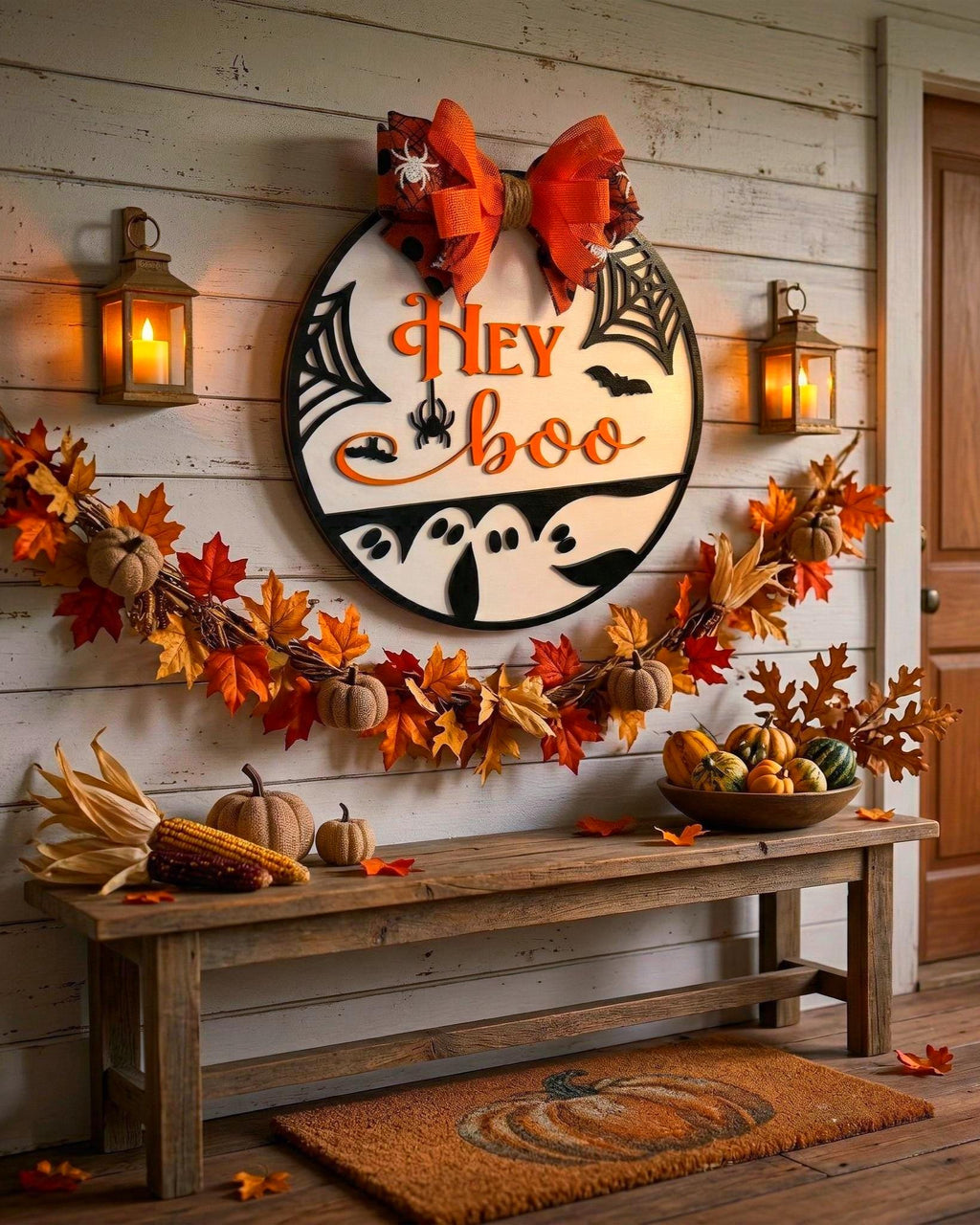 Hey Boo Halloween Door Sign: Layered Ghost & Spider Web Decor Seasonal Door Hanger