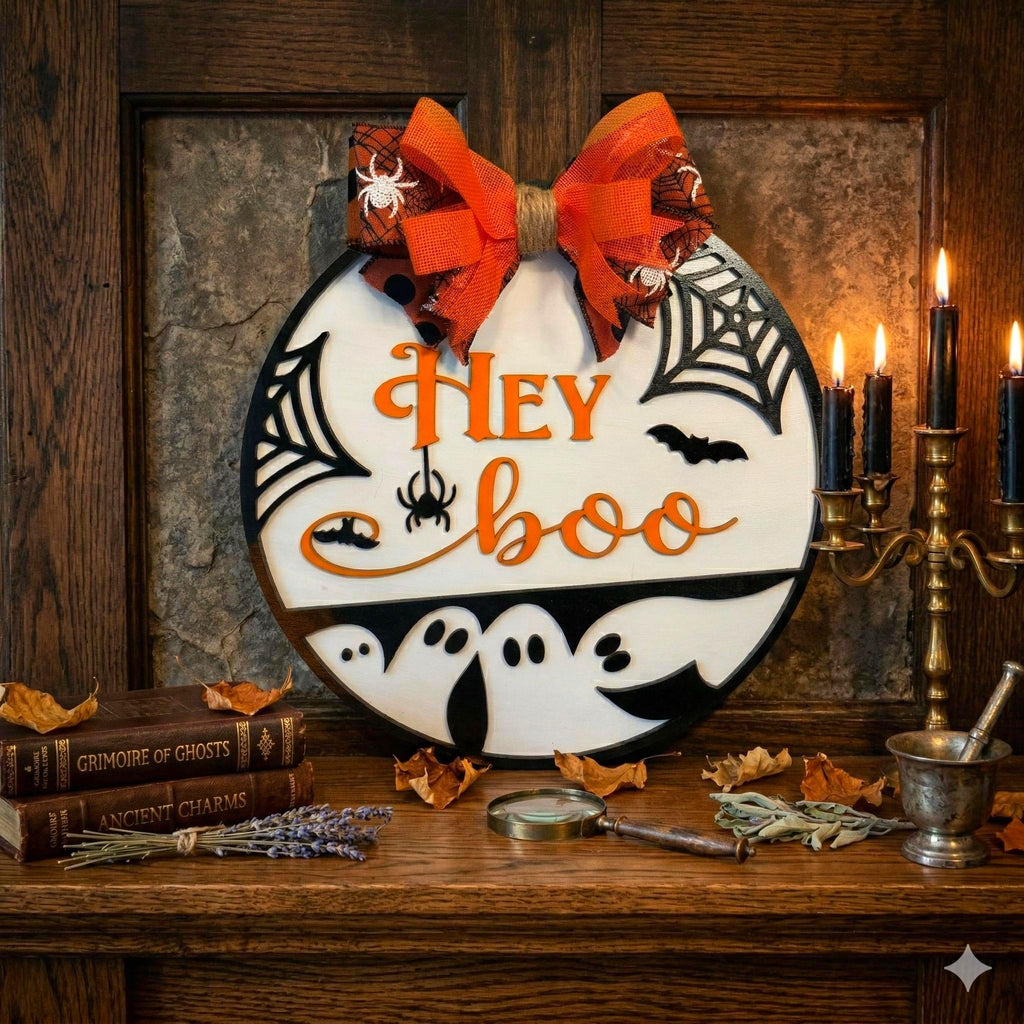 Hey Boo Halloween Door Sign: Layered Ghost & Spider Web Decor Seasonal Door Hanger