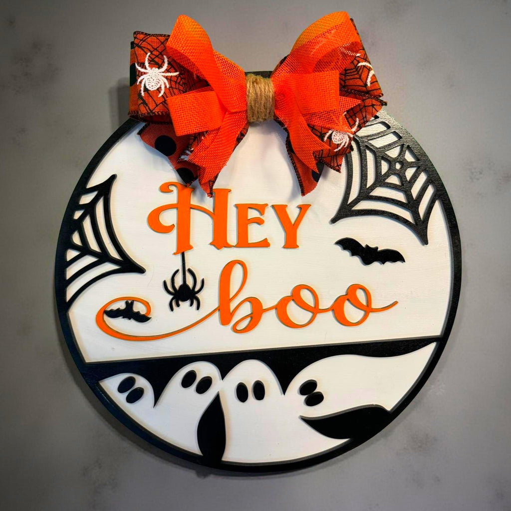 Hey Boo Halloween Door Sign: Layered Ghost & Spider Web Decor Seasonal Door Hanger