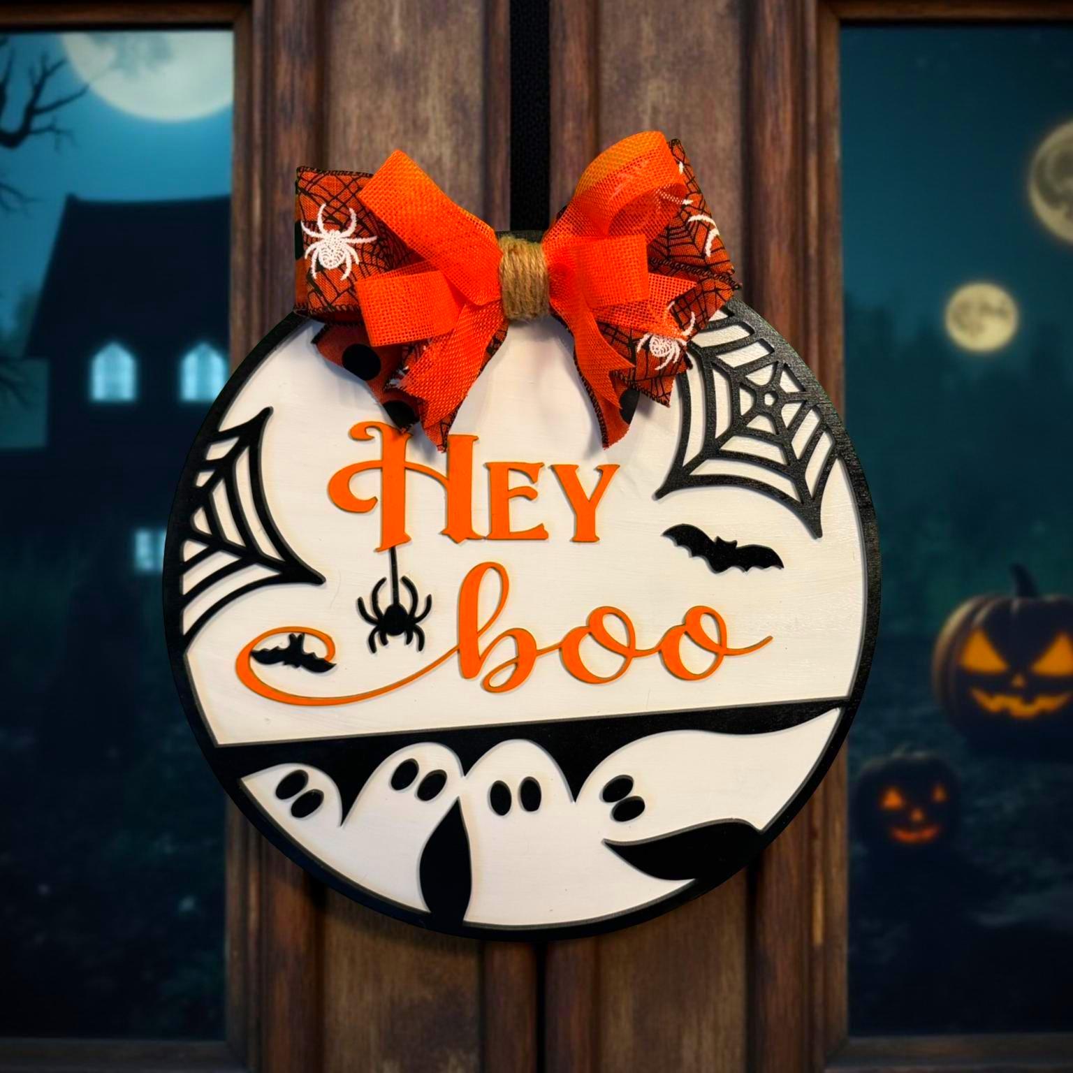 Hey Boo Halloween Door Sign: Layered Ghost & Spider Web Decor Seasonal Door Hanger