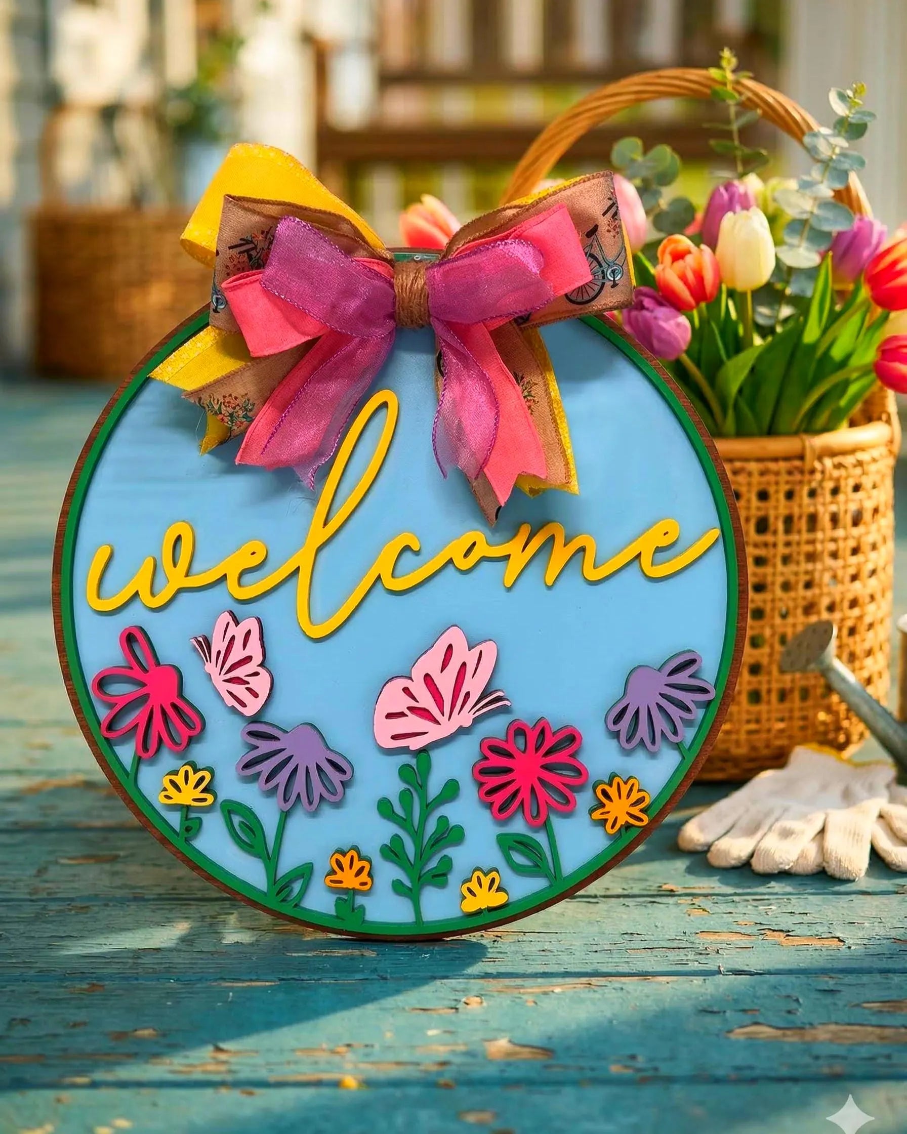Spring Welcome Door Hanger, Colorful Floral Wooden Sign, Front Door Decor Handmade Wood Door Hanger