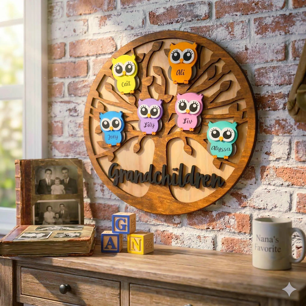 Personalized Grandchildren/Family Owl Tree Sign: Custom Wood Tree, Grandma Gift Handmade 3D Wood Sign