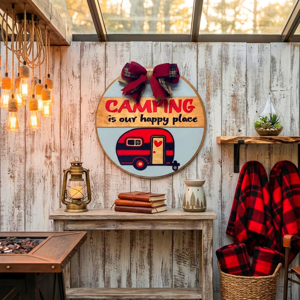 Camping Is Our Happy Place Sign: Rustic Wooden Camper Decor Handmade 3D Wood Sign
