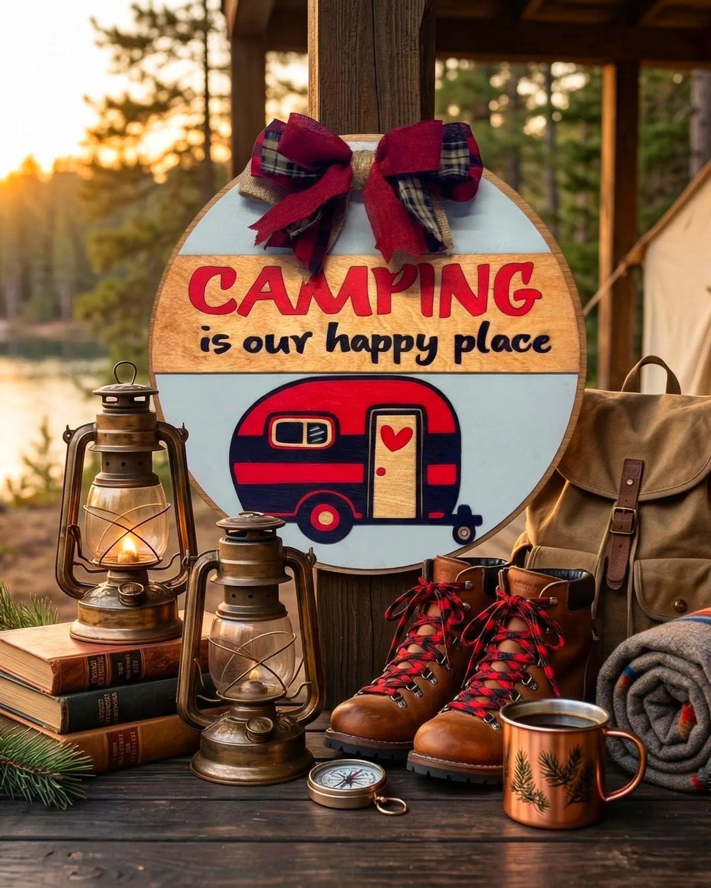 Camping Is Our Happy Place Sign: Rustic Wooden Camper Decor Handmade 3D Wood Sign