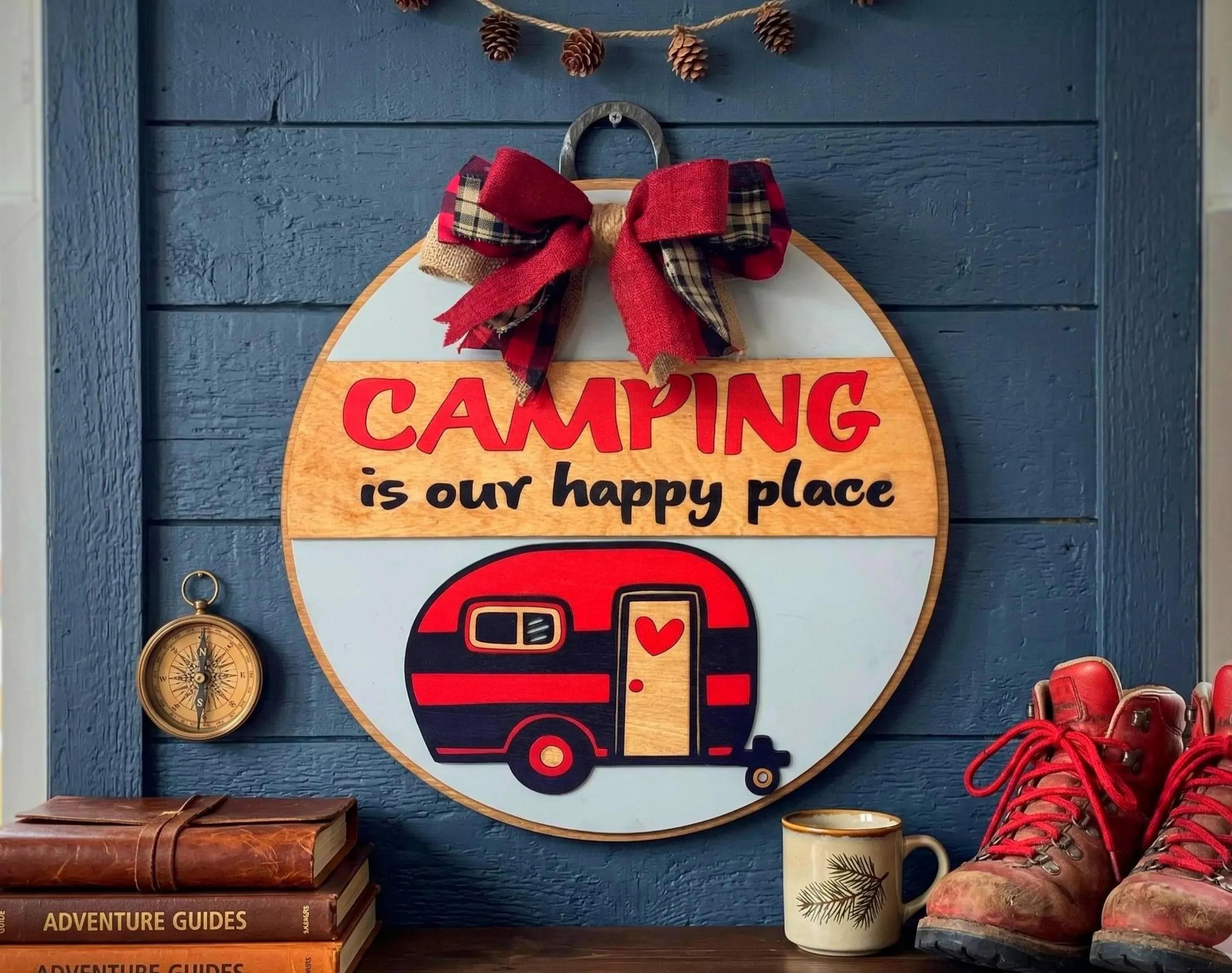 Camping Is Our Happy Place Sign: Rustic Wooden Camper Decor Handmade 3D Wood Sign