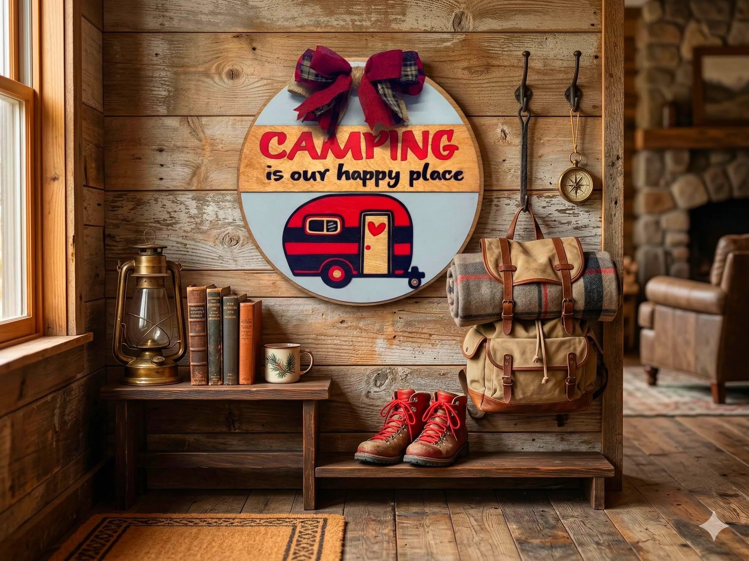 Camping Is Our Happy Place Sign: Rustic Wooden Camper Decor Handmade 3D Wood Sign