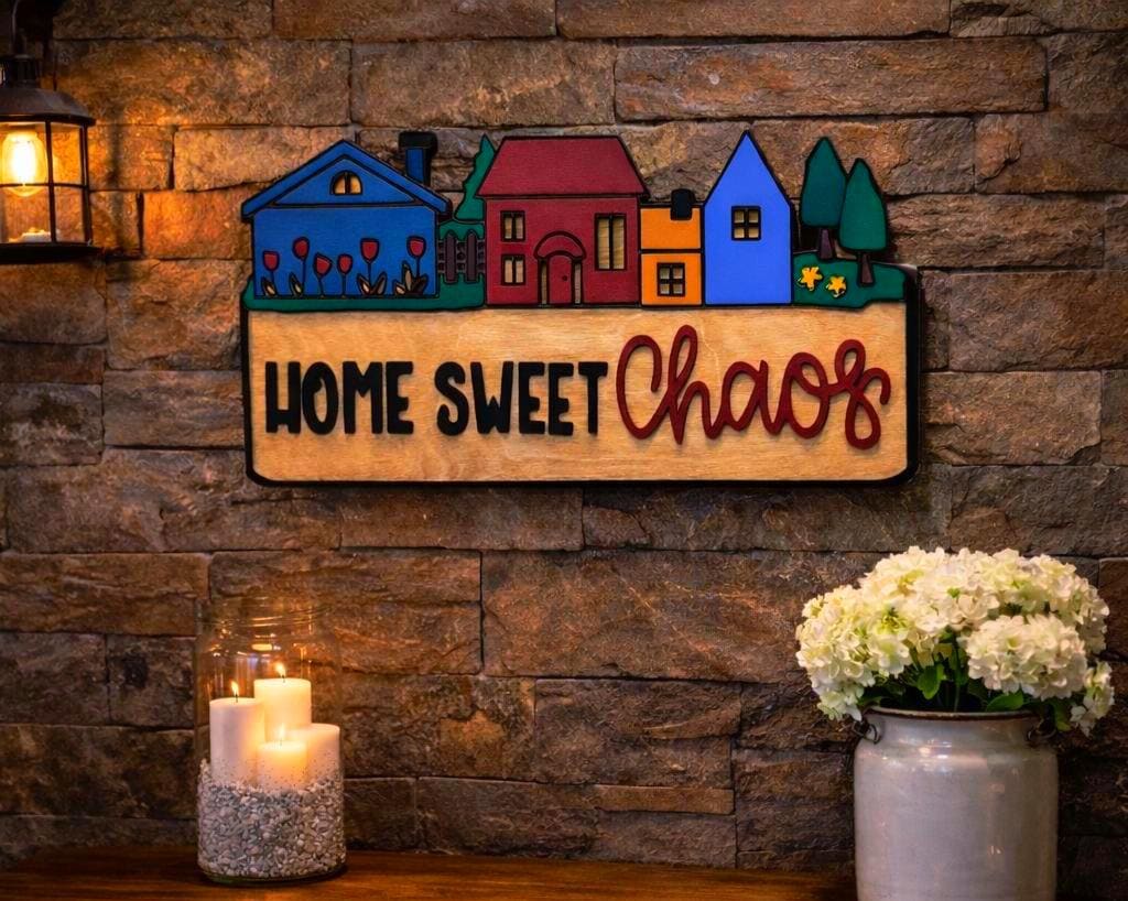 Home Sweet Chaos Sign • Handmade Layered Wood House Scene Decor • Colorful Family Home Gift Handmade 3D Wood Sign