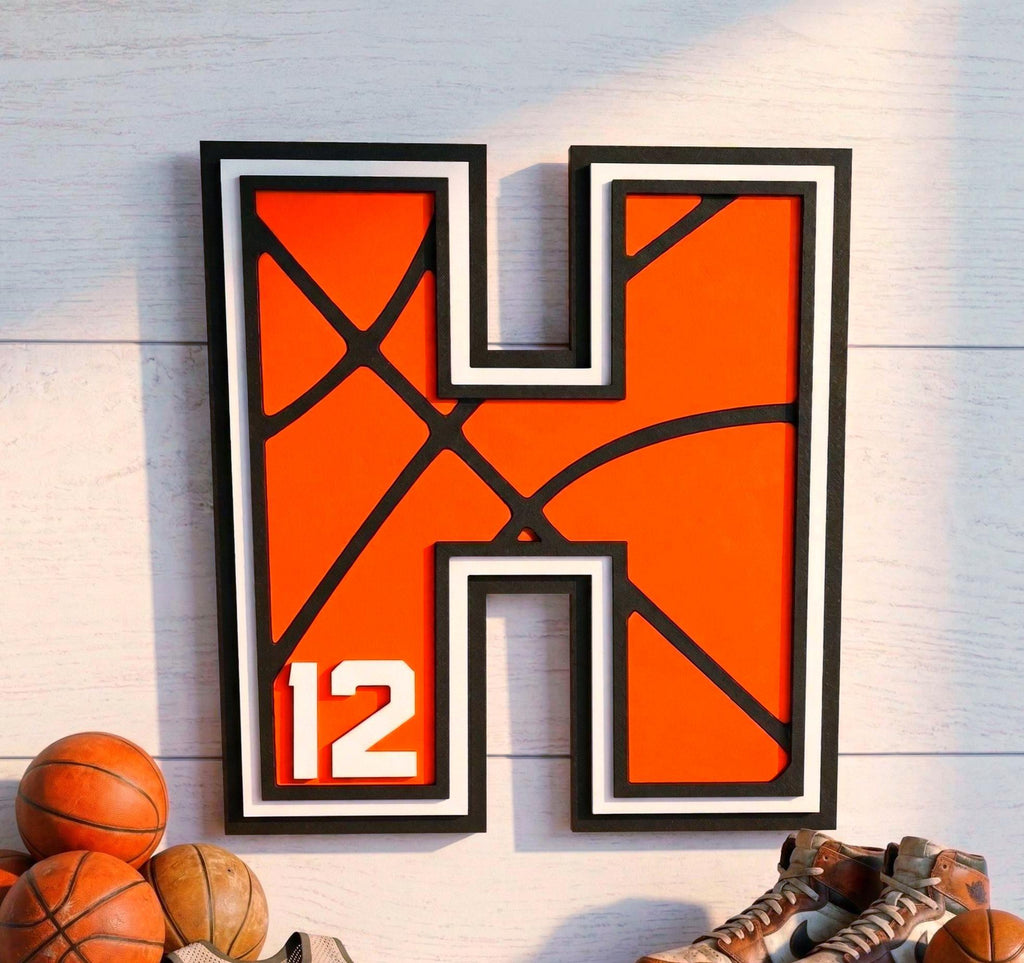 Personalized Basketball Letter Sign: Custom Jersey Letter & Number, Multiple Layer Wood Handmade 3D Wood Sign